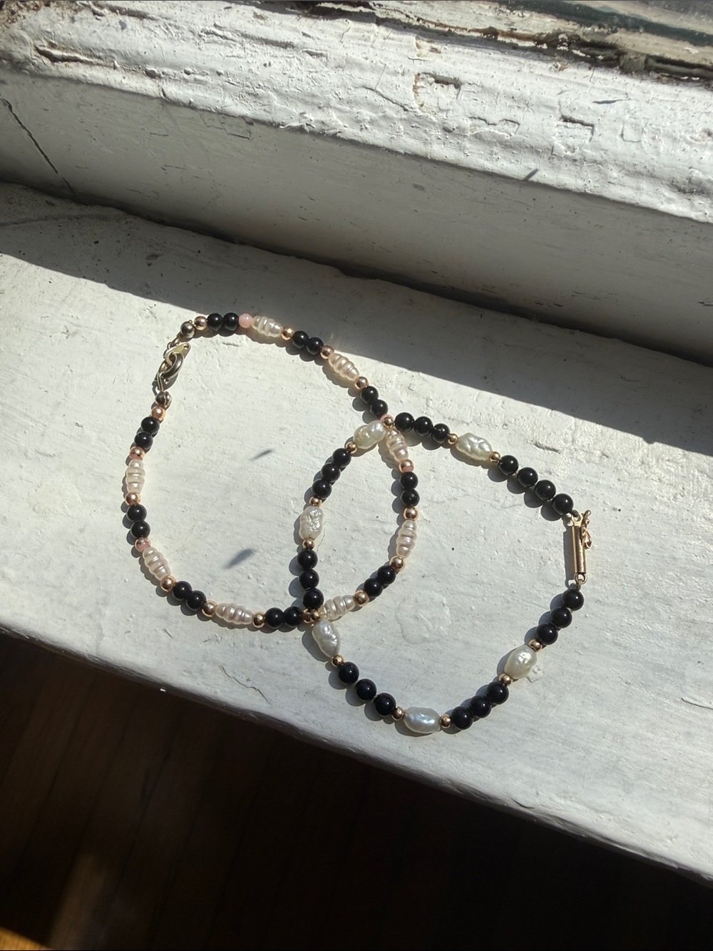 Vintage Pair of 14K gold Seed Pearl + Jet Beaded Bracelets